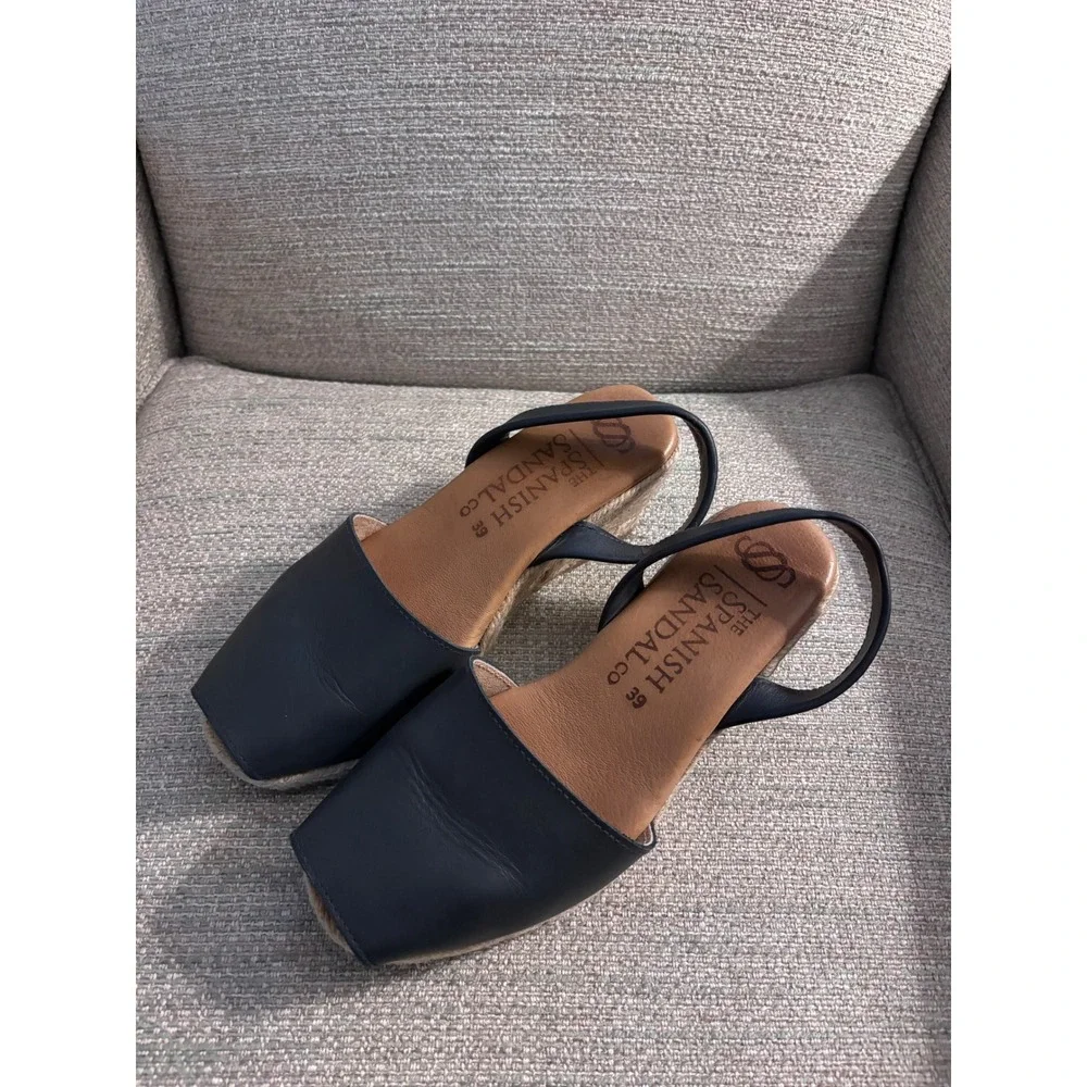 The Spanish Sandal Co Navy Leather Espadrille Wedge Sandals Slingback Size 39